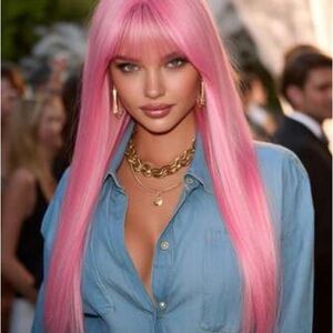 Pink Women's Hair Wig With Bangs and Wig Cap